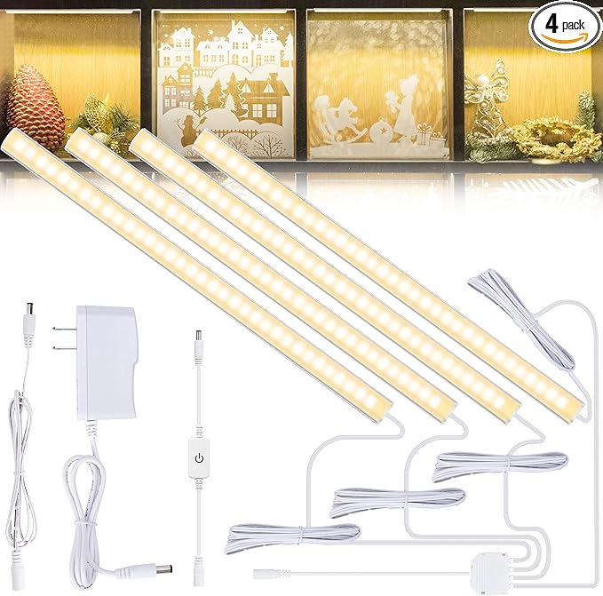 JUSJUBR 4PCS x 12inch Display Cabinet Lights Warm White, Dimmable LED Shelf Lighting with Memory Function, Bookshelf Lighting, LED Lights for Display Case/Pantry/Closet/Safe, 3000K
