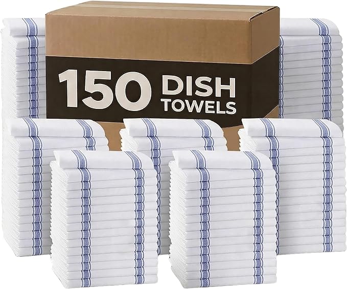 Dish Towels 150 Pack Blue Stripe 100% Cotton Kitchen Towel 15x25 Inch Tea Towels by Avalon+Kitchen