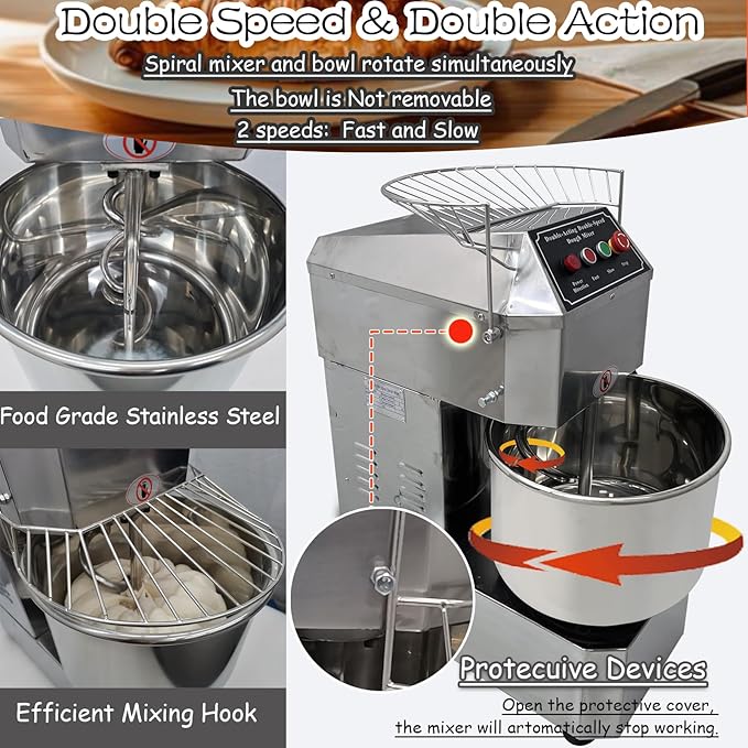 INTSUPERMAI Commercial Dough Mixer Machine Electric Food Mixer with Double Action Double Speed Spiral Mixing for Schools Bakeries Restaurants Pizzerias 110V 30L Capacity