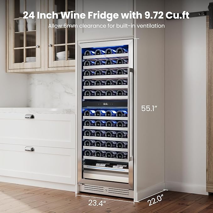 Yeego 24 Inch Wine Fridge Cooler - 89 Bottles Dual Zone Wine Cooler with Glass Door, 40-65℉ Built-In or Freestanding Wine Refrigerator with Lock and 2 Color LED for Kitchen Bar Office (Left-Hinged)