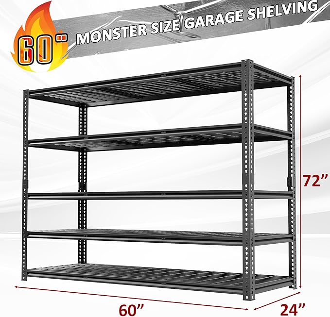 60" W Garage Shelving Heavy Duty, 5-Tier Storage Shelves, 3030LBS Adjustable Metal Shelving Units for Basement, Kitchen, Commercial, Warehouse,Pantry, Black