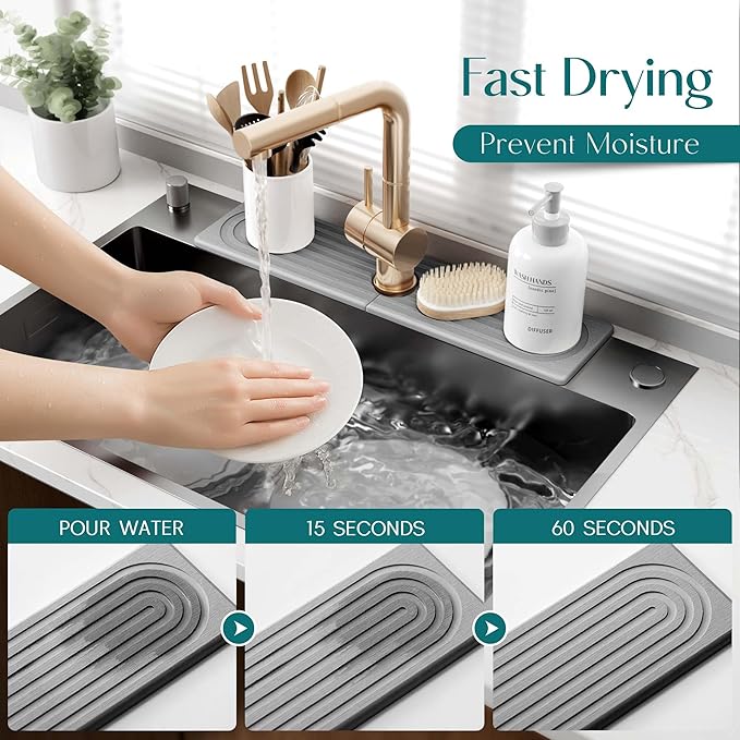 Kitchen Faucet Absorbent Mat - Large Diatomaceous Earth Splash Guard for Sink Faucet, Aesthetic Water Absorbing Stone Tray in The Modern Home (Grey, 23.6" x 5.5")