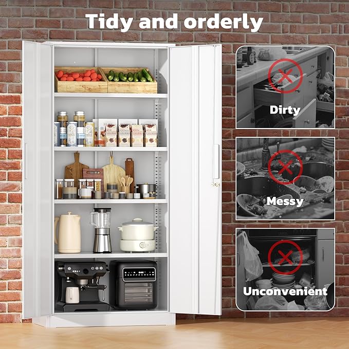 Greenvelly Metal Garage Storage Cabinet, White Steel Lockable Cabinet with 2 Doors and 4 Adjustable Shelves,Utility Metal Filing Cabinet with Lock for Home Office, Garage, Pantry, Kitchen