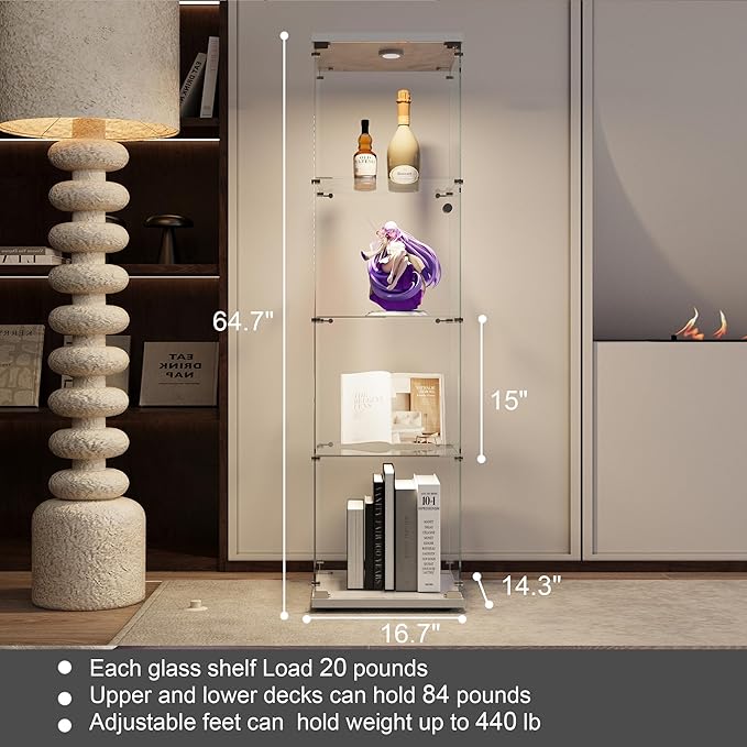 Yoluckea 4 Shelves Glass Display Cabinet with LED Light and Door, Floor Standing Clear Glass Curio Cabinet Collection for Living Room Bedroom 64.7”x16.7”x 14.3” White(Upgrade Assembly)
