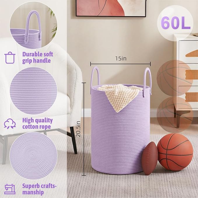Artfeel Laundry Basket, Woven Cotton Rope Laundry Hamper, 60L - Image 6