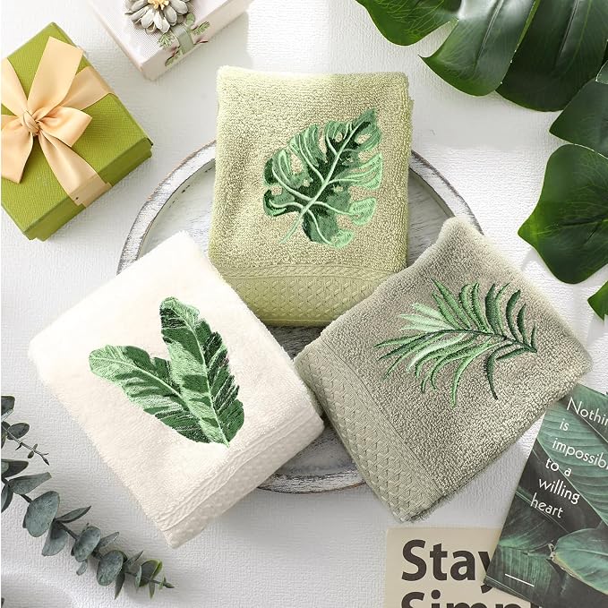 3 Pcs Sage Green Hand Towels Tropical Bathroom Kitchen Decor | Embroidered - Image 6