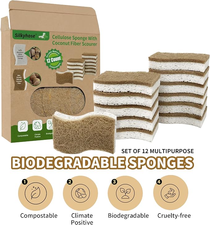 Silkyhose 12 Pack Natural Kitchen Sponges, Cellulose Coconut & Non-Scratch | - Image 5