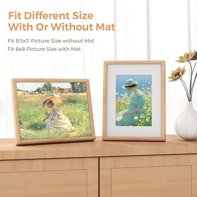 Axeman 8.5 by 11 Oak Frame - Rounded Corner 8.5 x 11 Picture Frame Matted to 6x8 - Natural Oak Wood 8.5x11 Photo Frame with Tempered Glass for Tabletop or Wall Mount Display