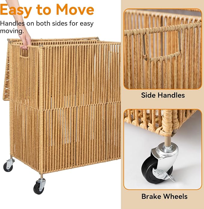 WOWLIVE Rolling Laundry Basket Wheels, Handwoven Laundry Hamper - Image 6