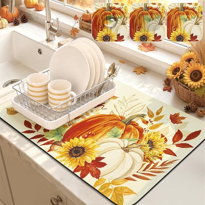 LOKHOM 12"x20" Fall Dish Drying Mat，Autumn Harvest Hello Pumpkin Sunflower | by LOKHOM