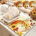 LOKHOM 12"x20" Fall Dish Drying Mat，Autumn Harvest Hello Pumpkin Sunflower | by LOKHOM
