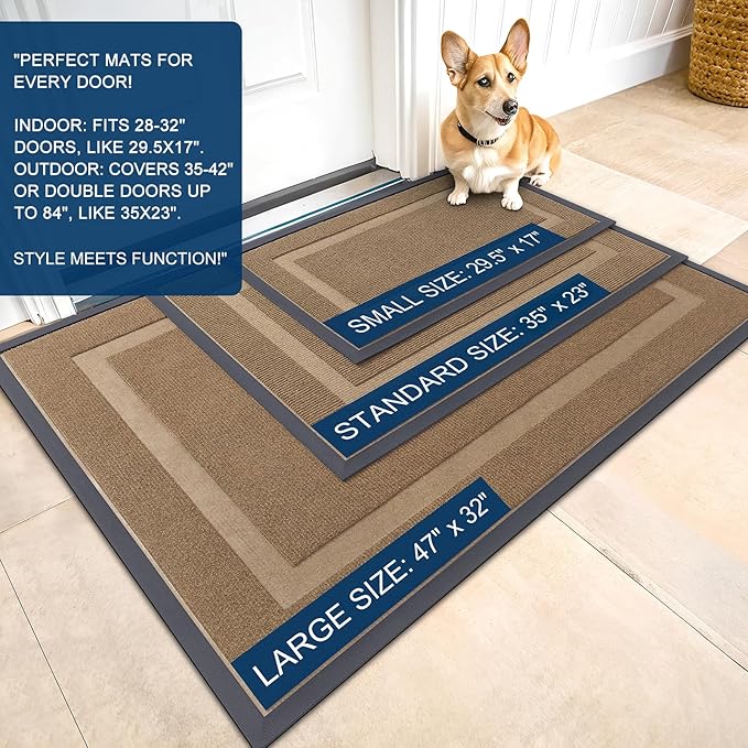 OLANLY Front Door Mat Indoor Outdoor Entrance, Waterproof All-Season, All-Weather Doormat, Sturdy Natural Rubber, Fade Resistant, Low Profile, Easy Clean Patio Porch Entryway Mat, 59x30, Light Borwn