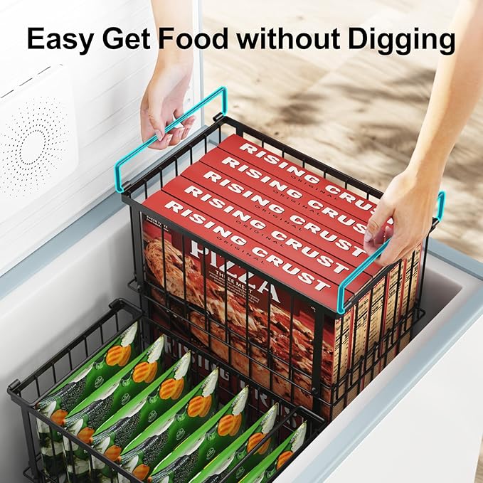 iSPECLE Freezer Organizer Bins - 2 Pack Large Adjustable Deep Freezer Organizer Bins for 5 to 7 Cu.Ft Chest Freezer, Stackable No Wasted Space, Easily Access Pizza (≤12“) without Digging, Black