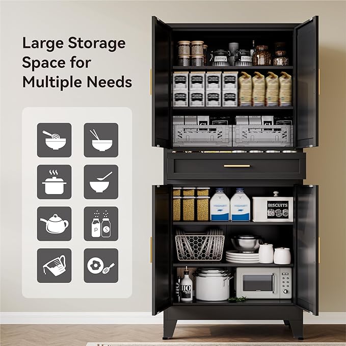 COFaR 71" Modern Pantry Cabinet with Drawer, Black Storage Cabinet with Adjustable Shelves, 3-Section Industrial Cupboard for Kitchen & Office