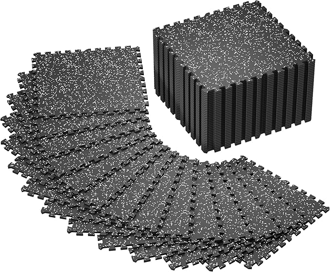 SUPERJARE 0.4'' Thick 48 Pcs 192 Sq Ft Rubber Top Exercise Equipment Mats, High Density EVA Foam Mats with Rubber Top, Interlocking Gym Flooring for Home Gym, Protective Workout Mat, Black/Grey