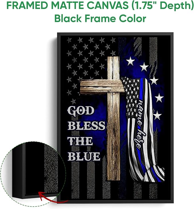 Personalized Police Poster & Framed Canvas, God Bless The Blue Home Office Decor, Custom Name Bedroom Living Room Aesthetic Wall Art Gift For Police Officer, Policeman, Husband, Men