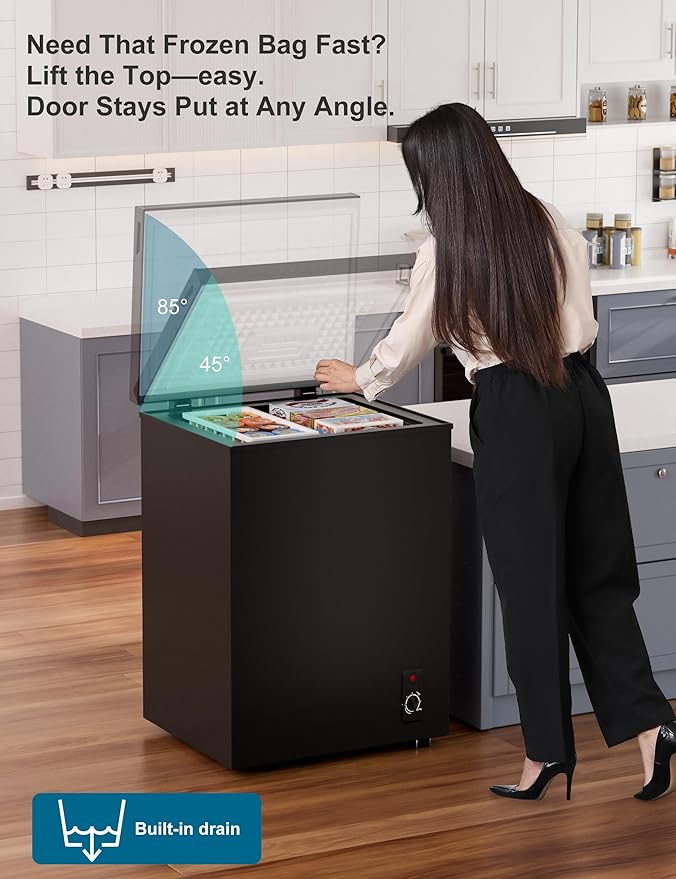 3.5 Cu.Ft Compact Chest Freezer, Energy Saving (0.36kWh/24H) & Ultra-Quiet (<40dB), with Removable Basket, 6-Temp, Manual Defrost Drain, Top Open Door Deep Freezer for Apartment, Dorm, Kitchen, Black