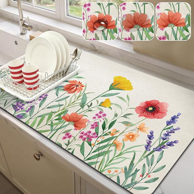 LOKHOM 17"x32" Dish Drying Mat，Colorful Floral Coffee Mat | Ultra Absorbent by LOKHOM