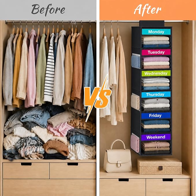 Weekly Clothes Organizer for Closet, 6-Shelf Hanging Closet Organizer - Image 5