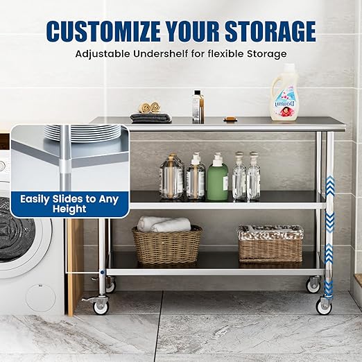 Stainless Steel Work Table with Wheels, 24x60 Inch NSF Kitchen Prep Table with 2 Adjustable Undershelves for Commercial Restaurant, Garage, Outdoor BBQ