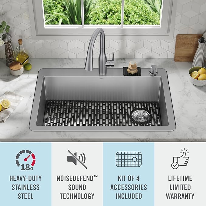 DELTA FAUCET Delta Marca 33 inch Drop-In Undermount Stainless Steel Single Bowl Kitchen Sink with Accessories