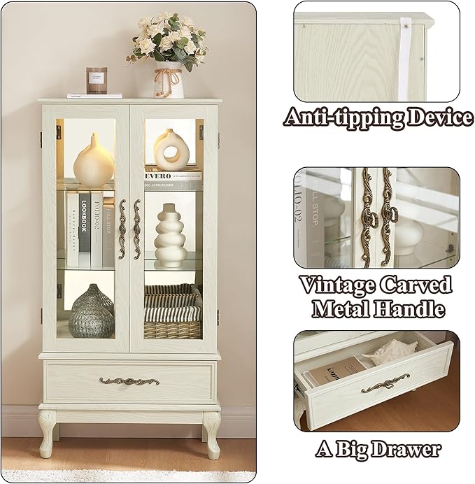 51" H Lighted Curio Cabinet Display Case, Glass Curio Cabinet with Adjustable Shelves,Tempered Glass Door and Drawer, Wooden Cabinets w/Mirrored Back Pane for Living Room (Antique White)
