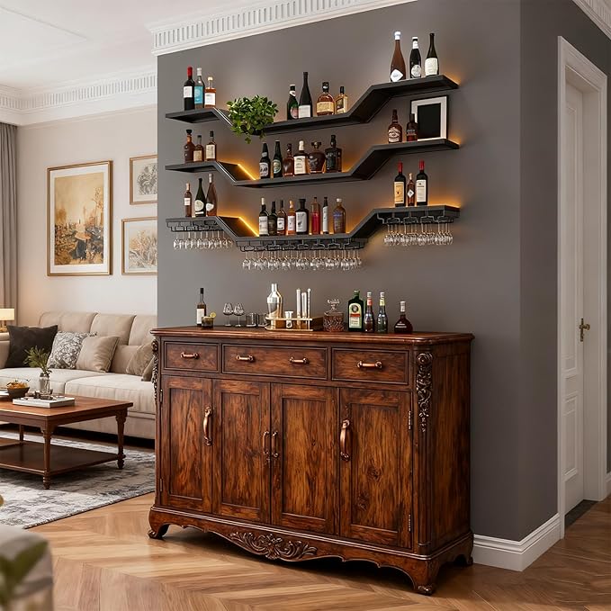 47.2in Modern LED Wine Rack Wall Mounted, 3-Tier Floating Bar Shelves with Wine Glass Rack, Large Hanging Liquor Shelf Wall Mounted, for Home Bar Dining Room Cafe Decorative (Black, 47.2in/120cm)