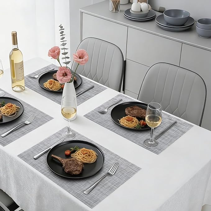 Timeet Placemats Set of 6, Heat Resistant Non-Slip Place Mats, Durable Washable PVC Vinyl Woven Table Mats, Linen Textured Table Placemats for Dining Kitchen Resistant Easy to Clean(Gray)