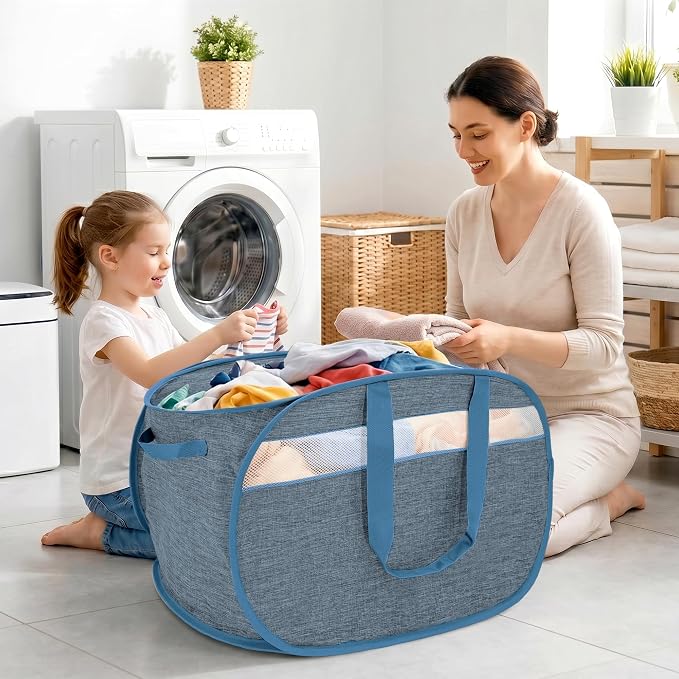 100L Collapsible Laundry Baskets, Foldable Dual Handles Laundry Hamper Blue | - Image 2
