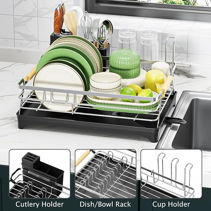 Epicano Dish Drying Rack for Kitchen Counter, Large Capacity, Wooden Handle - Image 3