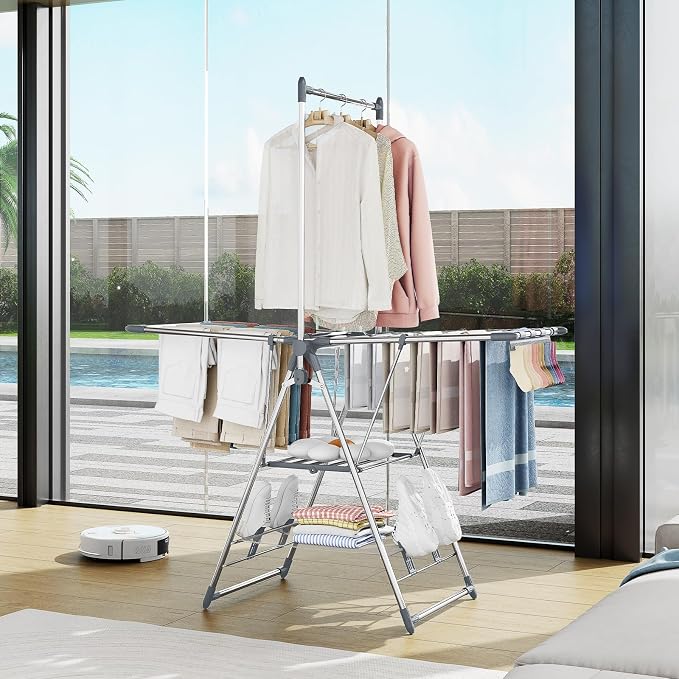 Clothes Drying Rack with High Hanger, 3-Level Drying Racks | Foldable Laundry - Image 7
