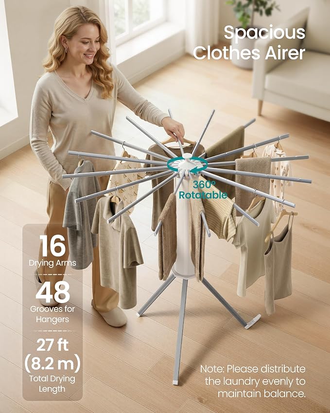 SONGMICS Clothes Drying Rack Foldable, Rotary Tripod Laundry Drying Rack - Image 3