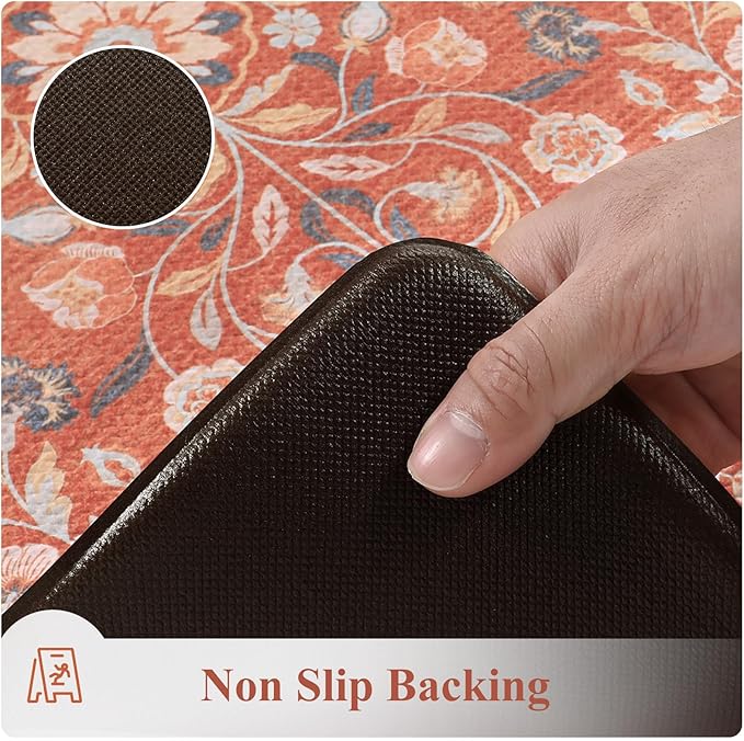 KIMODE Anti Fatigue Mat for Kitchen Floor Non Slip,Boho Vintage Floral Kitchen Rugs Sets of 2,Wide Cushioned Memory Foam Waterproof Standing Carpet for Laundry Sink Home,Red
