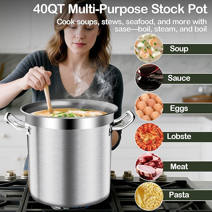 Stockpots-40QT Large Stock Pot Stainless Steel Stockpot with Lid, Heavy Duty Tri-Ply Bottom Commercial Grade Stock Pot for Boiling Cooking Soup Stew Canning Cooking Pots,Big Stockpot, Deep Cookware