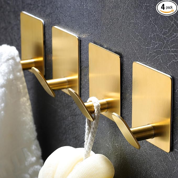 Gold Towel Hooks- 4 Pack Adhesive Hook by DELITON