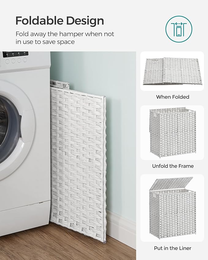 SONGMICS Laundry Hamper with Lid, 110L Double Wicker Basket, 6 Mesh Bags - Image 8