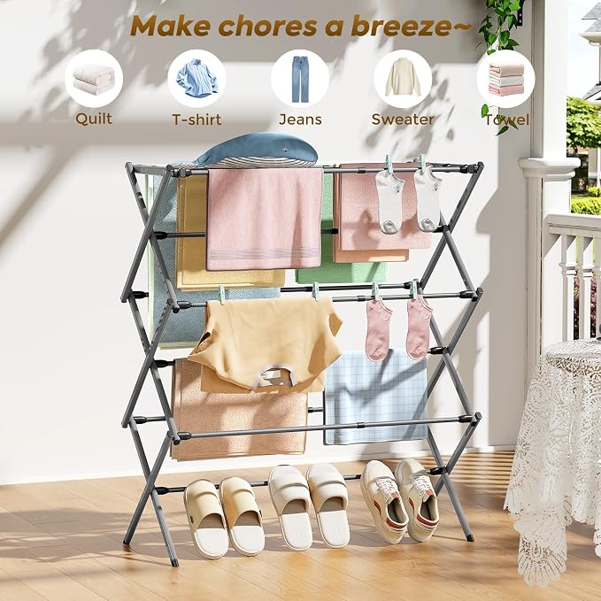 KINGBOARD 3-Tier Extendable Clothes Drying Rack, Small & Foldable, Space-Saving - Image 7