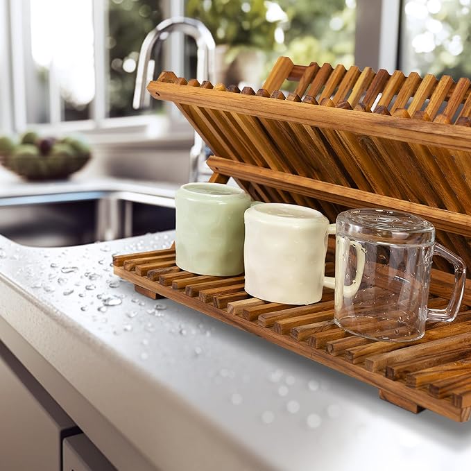 Utoplike Large Teak Dish Drying Rack, Wood Collapsible Organizer - Image 3