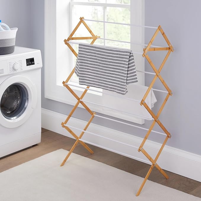 White Natural Space-Saving Collapsible Bamboo Laundry Drying Rack -7 Levels by Unknown