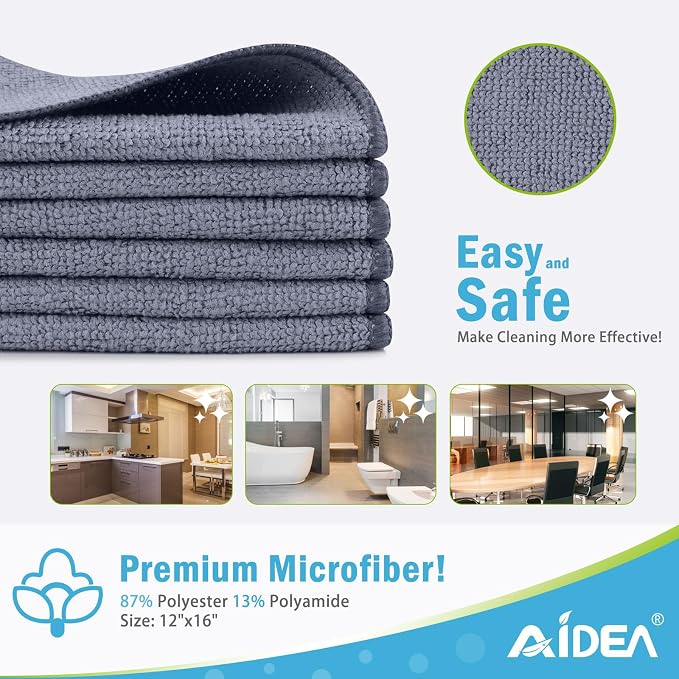 AIDEA Gray Microfiber Cleaning Cloth-24PK, Cleaning Rags 12"x 16" Absorbent | - Image 2