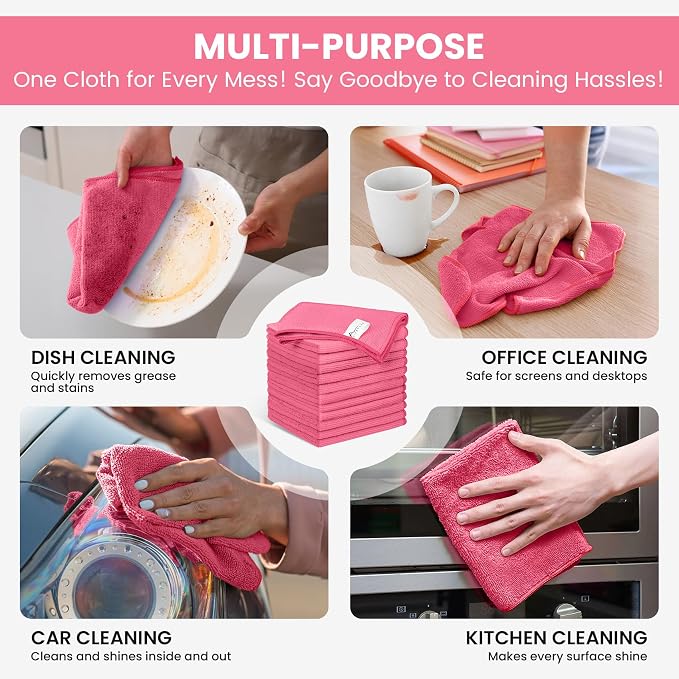 SIFANGKE Microfiber Cleaning Cloth, 12 Pack HotPink Cleaning Rags - Image 4