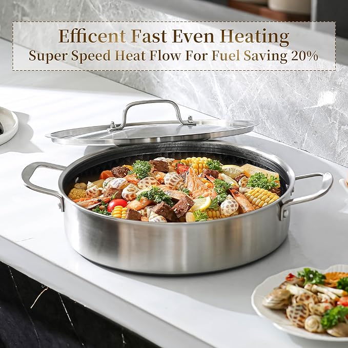 DELARLO 8Quart Tri-Ply Stainless Steel Non Stick Braiser Pan with Lid,13inch Deep Frying Pan,Large Saute Pan,Jumbo Cooker,Induction Compatible,Heavy Duty and Oven Safe