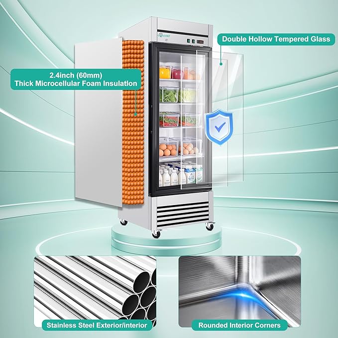 COOLCHEF 27" Commercial Glass Door Refrigerator, 23 Cu.Ft Single Door Reach-In Cooler, 33-40℉, Low-E Tempered Double Glass, 4 Shelves, R290
