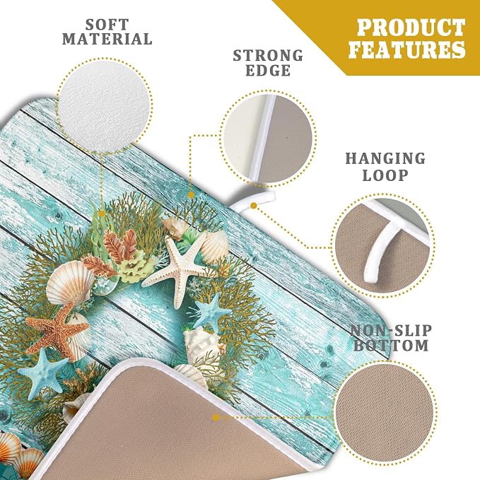 Coastal Wreath Dish Drying Mat 16x18 inch Starfish Shell Absorbent Microfiber - Image 4