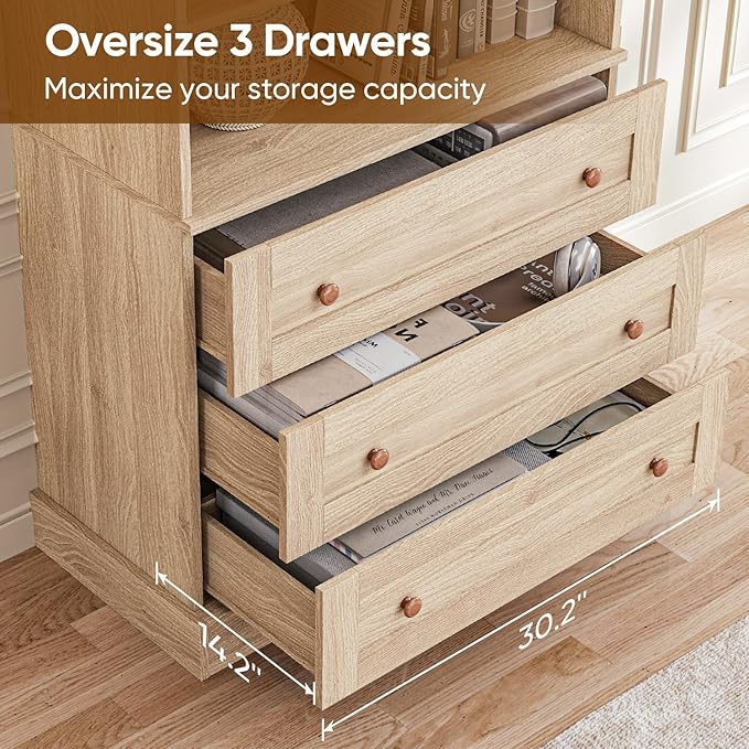 Vyre 71" Tall Farmhouse Kitchen Pantry, Set of 3 Large Storage Cabinets with 3 Drawers & Adjustable Shelves, Versatile Wood Hutch for Living Room & Dining Room, Brown
