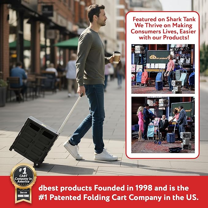 dbest products Quik Cart Pro Wheeled Rolling Crate Teacher Utility with seat Heavy Duty Collapsible Basket with Handle, Aluminum, Black