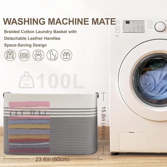100L Large Woven Laundry Basket Hamper - Image 7