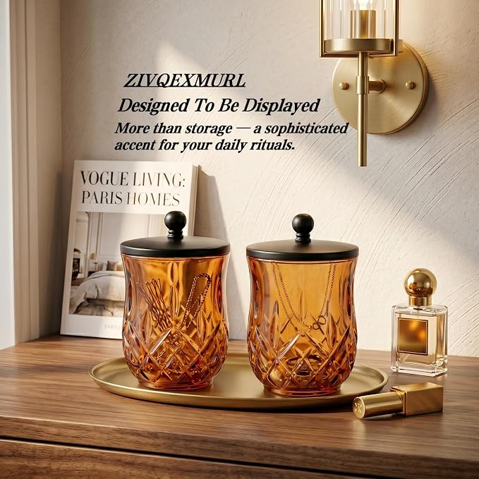 2 Pack 10Oz Amber Q-Tip Holder, Round Thick Glass - Image 5