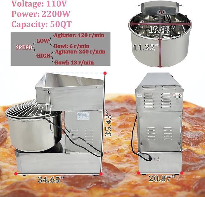 INTSUPERMAI Commercial Dough Mixer, 50QT Stand Flour Mixing Machine, Double Action Double Speed, with A Dough Cutter, 110V/2200W Electric Food Stand Spiral Mixer