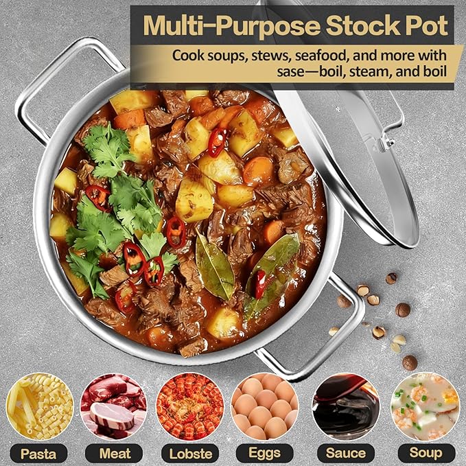 Large Stock Pot-35QT Stainless Steel Stockpot with Lid, Heavy Duty Tri-Ply Bottom Commercial Grade Stock Pot & Stockpots for Boiling Cooking Soup Stew Canning Cooking Pots, Big Stockpot, Deep Cookware